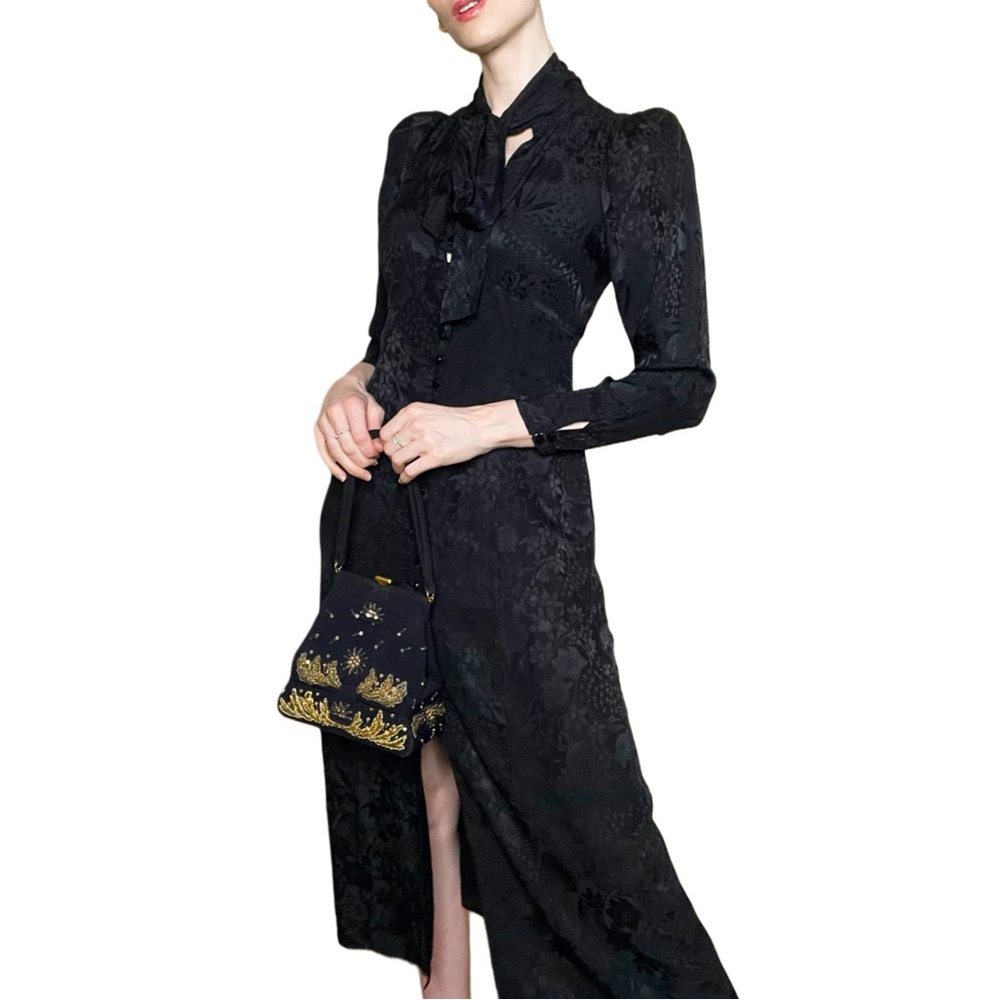 ARITZIA NEW Le Fou 100% Silk Black Floral Satin Long Sleeve Tie Neck Mambo Dress - Picture 15 of 15